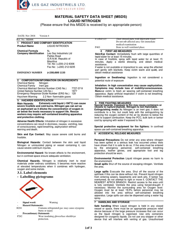 Material Safety Data Sheet (MSDS) Liquid Nitrogen: (Please Ensure That ...