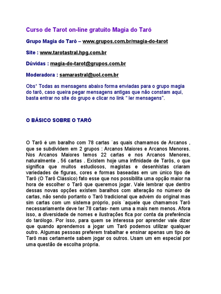 Curso Gratuito de Tarot Online | PDF | Tarô | Cartas de baralho