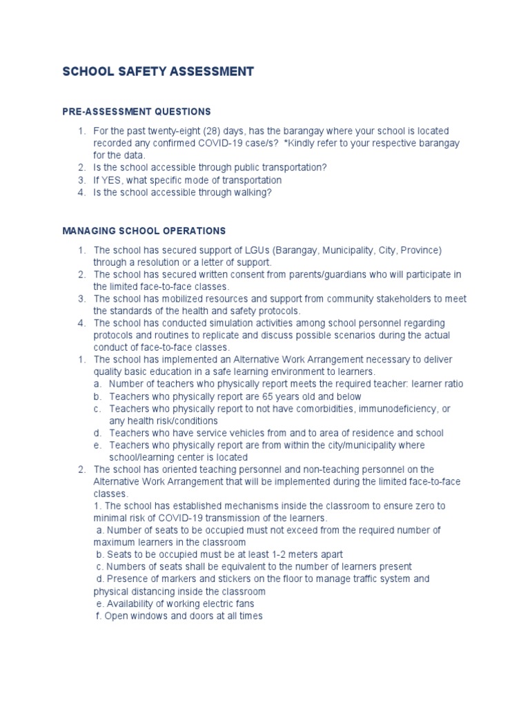 School Safety Assessment for Reopening | PDF | Personal Protective ...