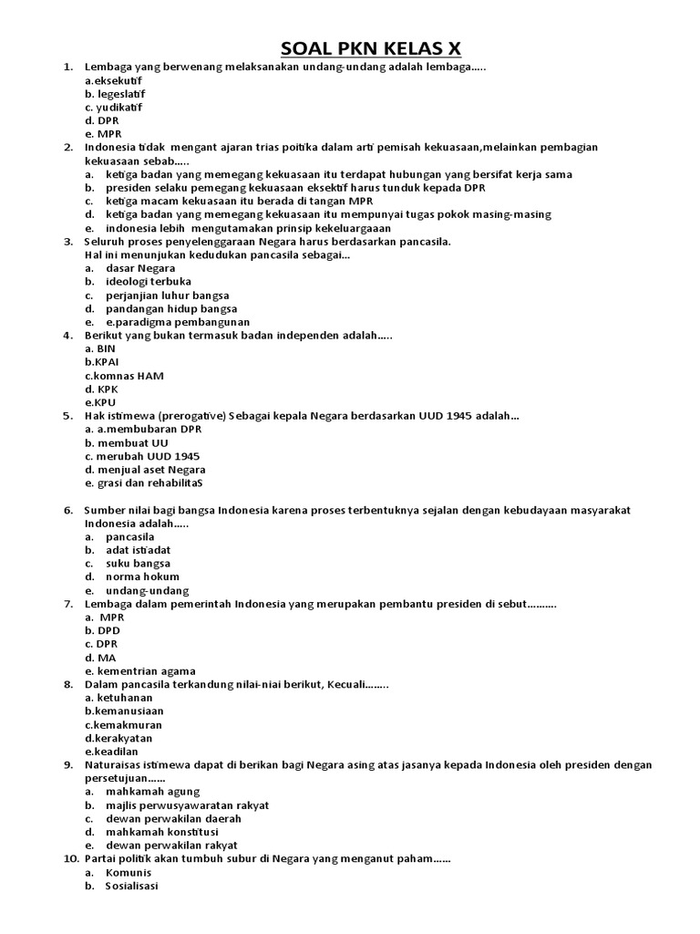 Soal PKN Kelas X dan XI untuk SMA | PDF