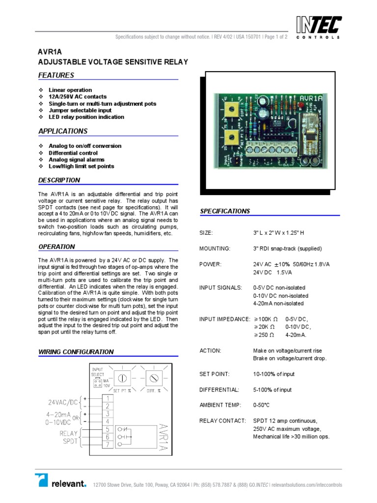 AVR1A Voltage Sensing Relay PDF Relay Alternating Current