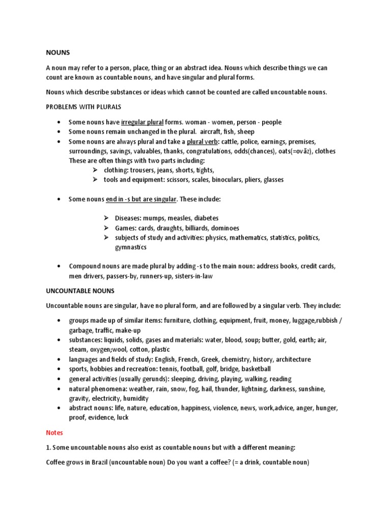 Uncountable Nouns PDF Noun Plural