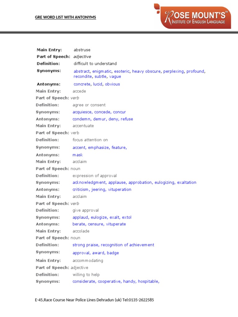 GRE Word List With Synonyms and Antonyms | PDF | Part Of Speech | Adjective