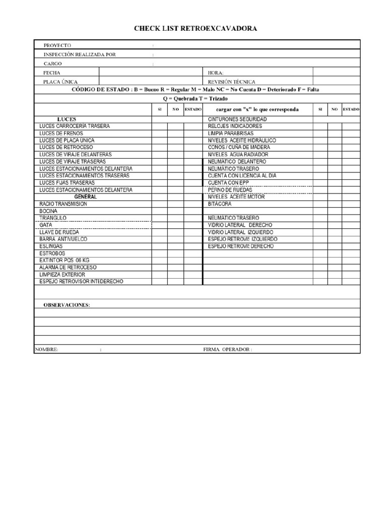 Check List Retroexcavadora | PDF