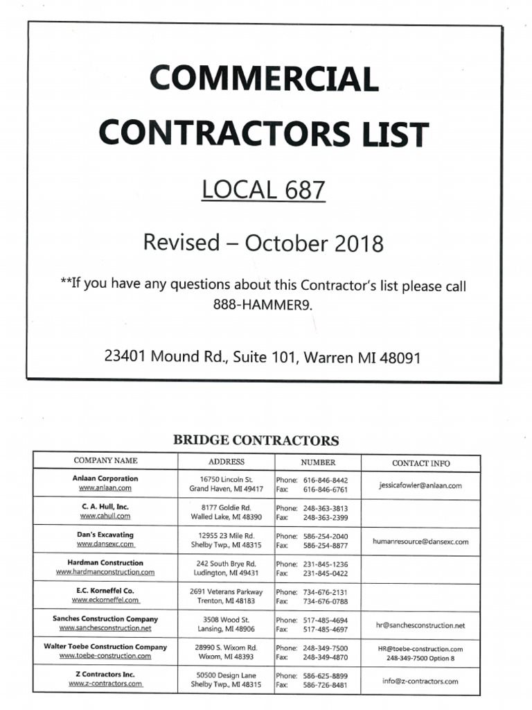 Contractors List Pdf