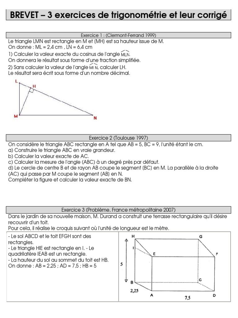 Exercice De Math 3ème Brevet Blanc Avec Corrigé 3 Exercices de Brevet Trigo Corriges | PDF | Fonction trigonométrique |  Triangle