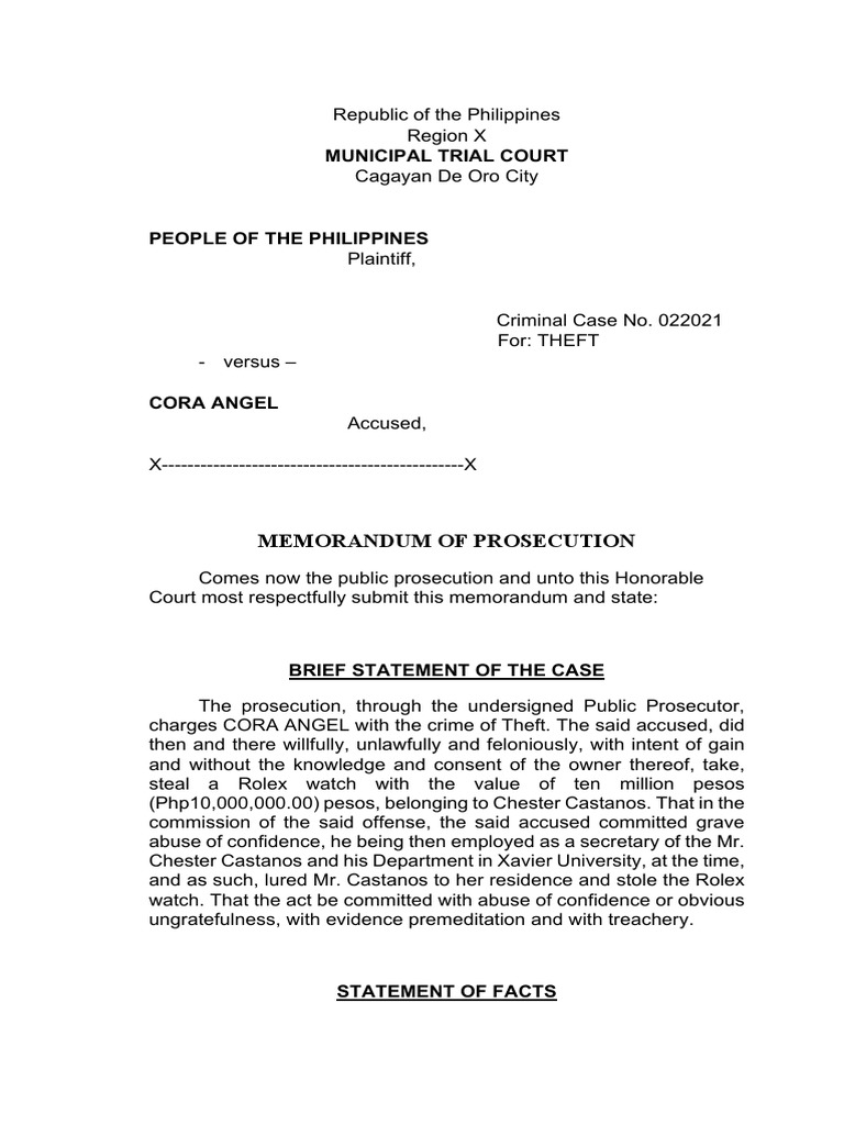 Municipal Trial Court: Memorandum of Prosecution | PDF | Theft | Prosecutor