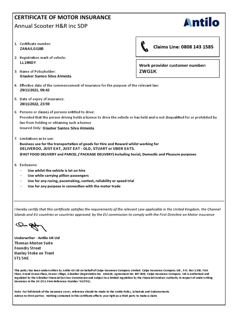 Certificate of Motor Insurance for Scooter Delivery Driver Providing