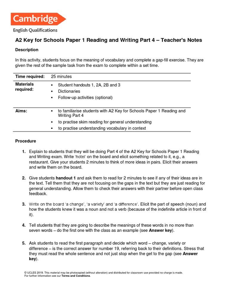 A2 Key For Schools Reading and Writing Part 4 | PDF | Vocabulary | Part ...
