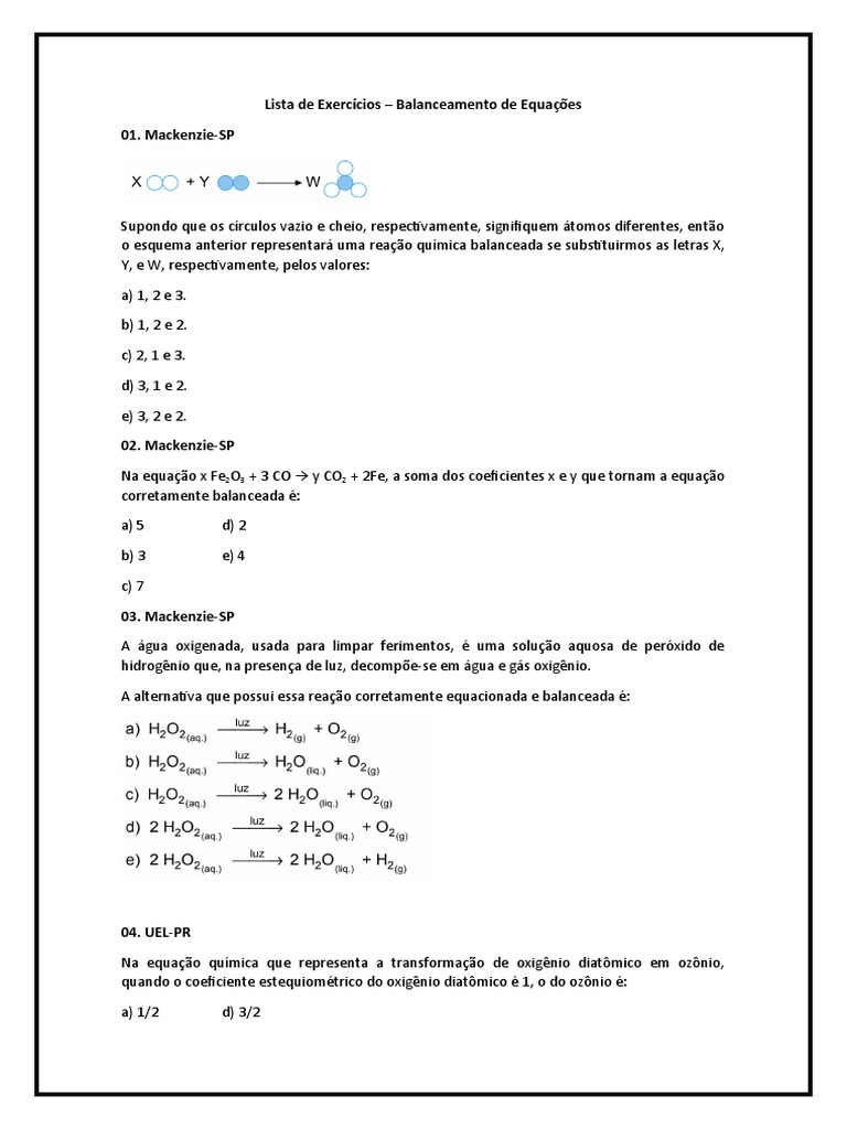 Lista de Exercícios de Balanceamento Químico | PDF | Reações químicas ...
