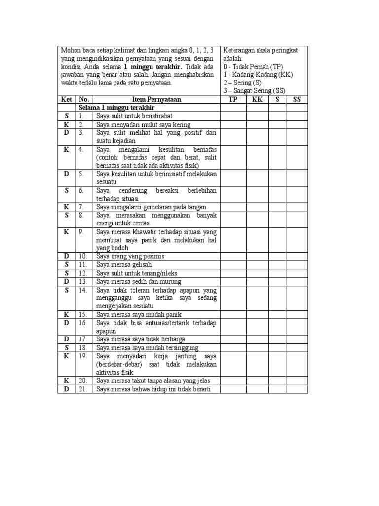 Kuesioner DASS-21 untuk Stres dan Depresi | PDF