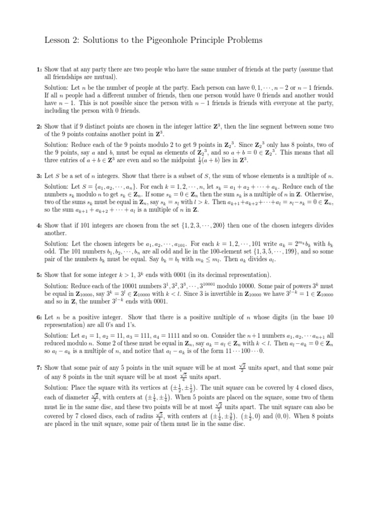 Lesson 2 Solutions To The Pigeonhole Principle Problems PDF Square