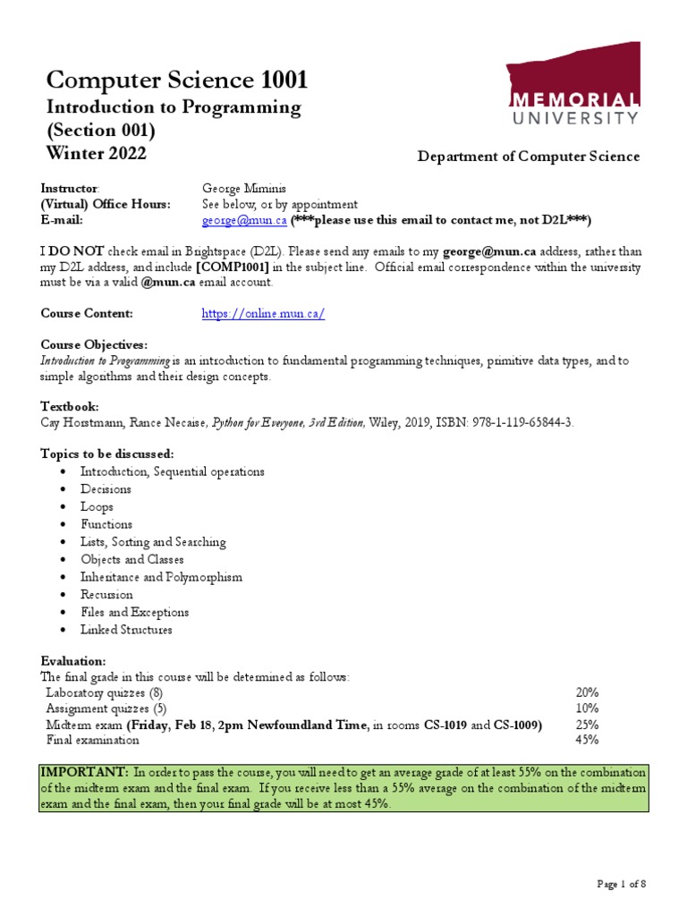 Computer Science 1001: Introduction To Programming (Section 001) Winter ...