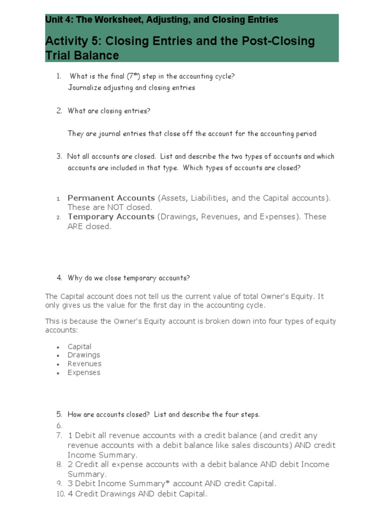 Unit 4 Activity #5a - Closing Entry Notes1 | PDF