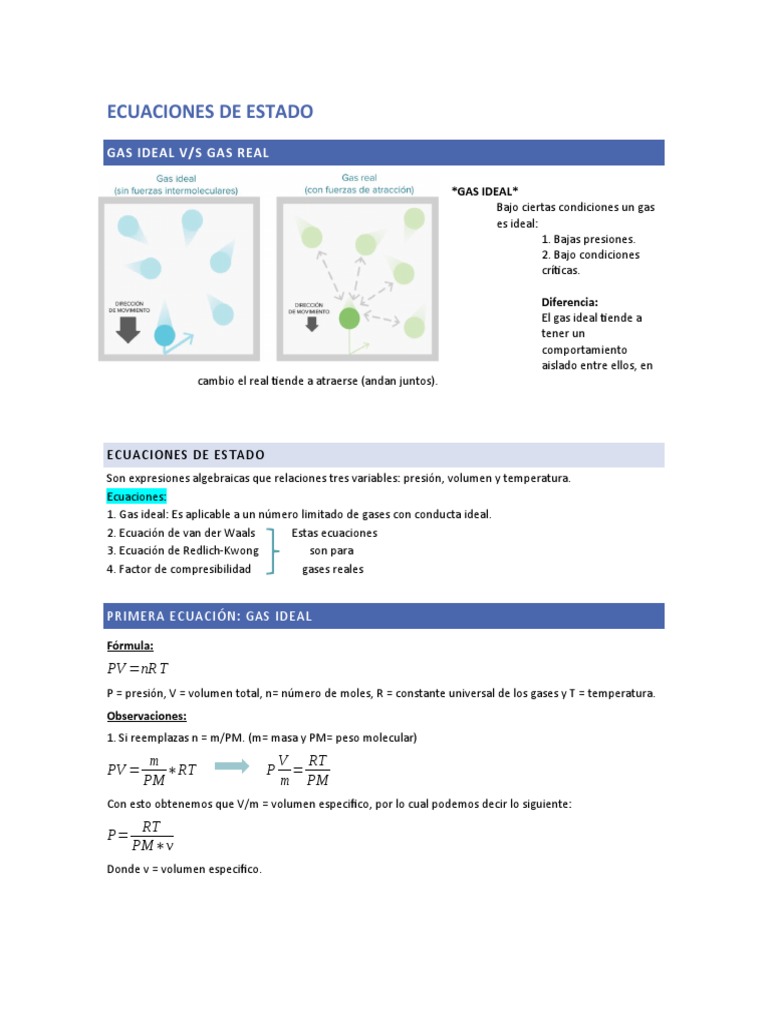 Ecuaciones de Estado: Gas Ideal y Real | PDF | Gases | Mecánica de ...
