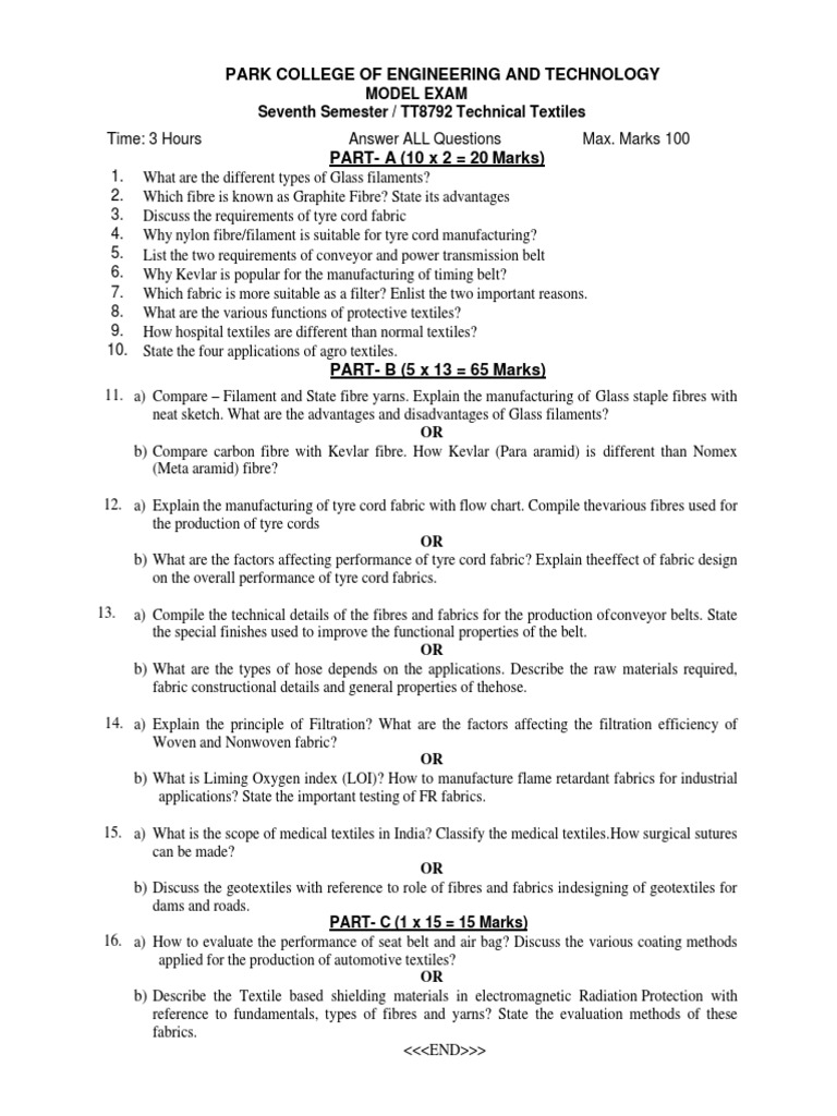 Technical Textiles Model Exam Paper | PDF | Textiles | Materials