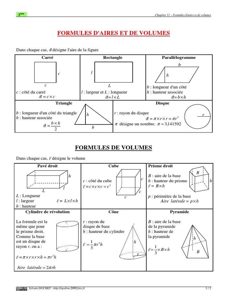 Formule Volume Prisme Droit Formules D'Aires Et de Volumes | PDF | Zone | Pi