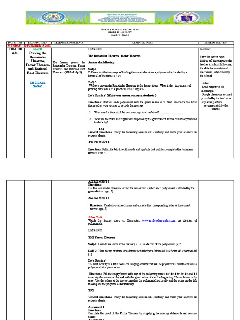 A Comprehensive Weekly Home Learning Plan for Grade 10 Students Focused ...