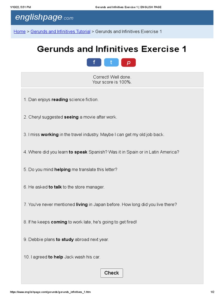 Gerunds and Infinitives Exercise 1 - ENGLISH PAGE | PDF