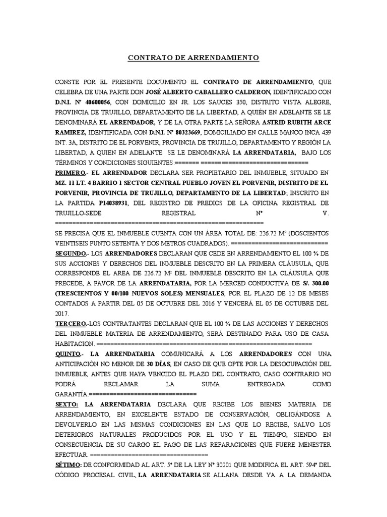 Contrato de Arrendamiento Dpto. Lima | PDF | Justicia | Derecho privado