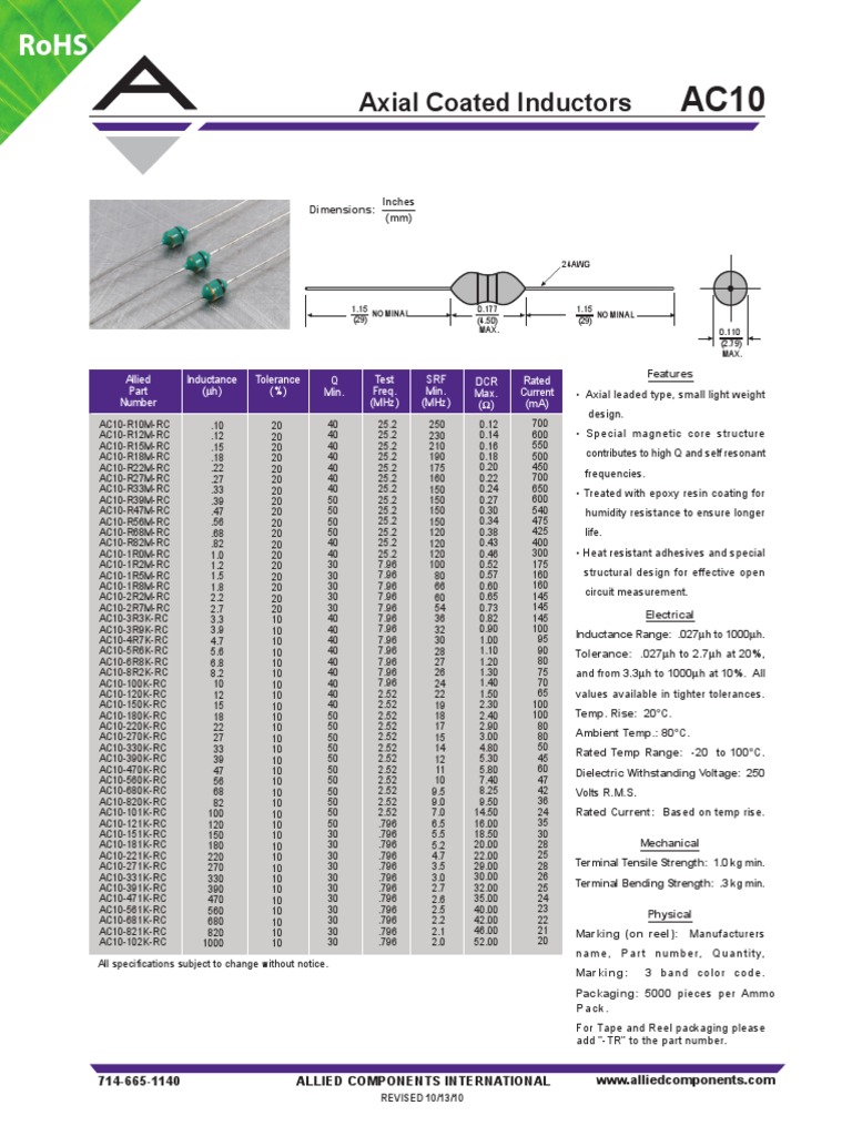 Axial Coated Inductors Datasheet PDF Inductor Electronic Engineering