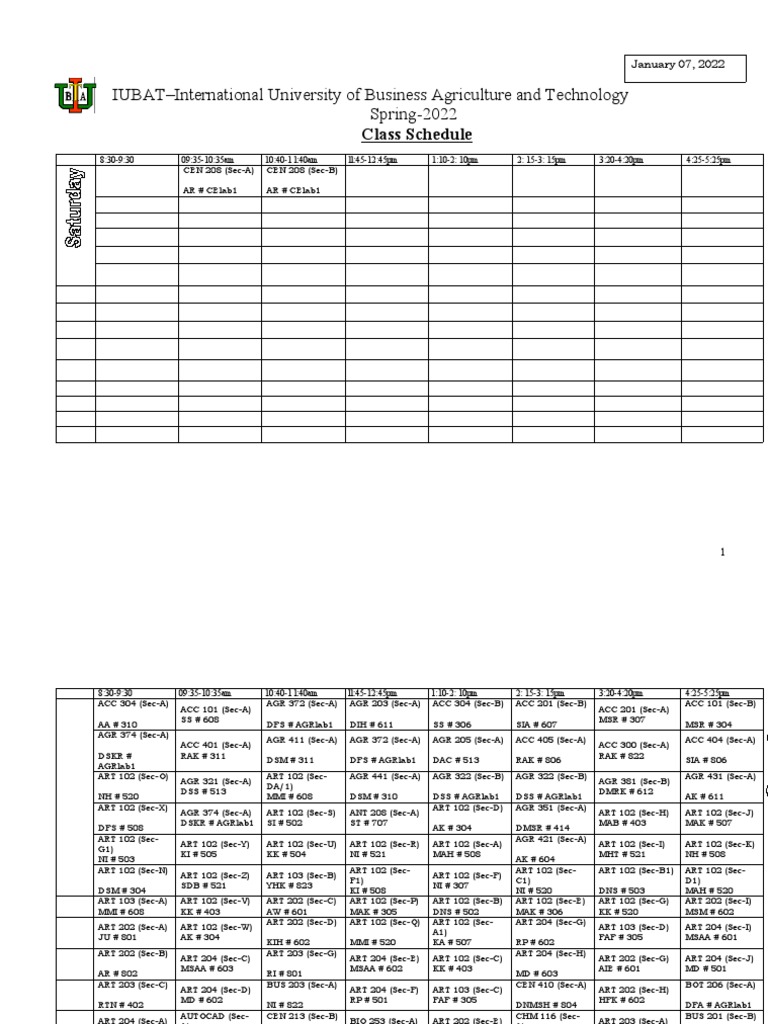 Class Schedule Spring 2022 PDF