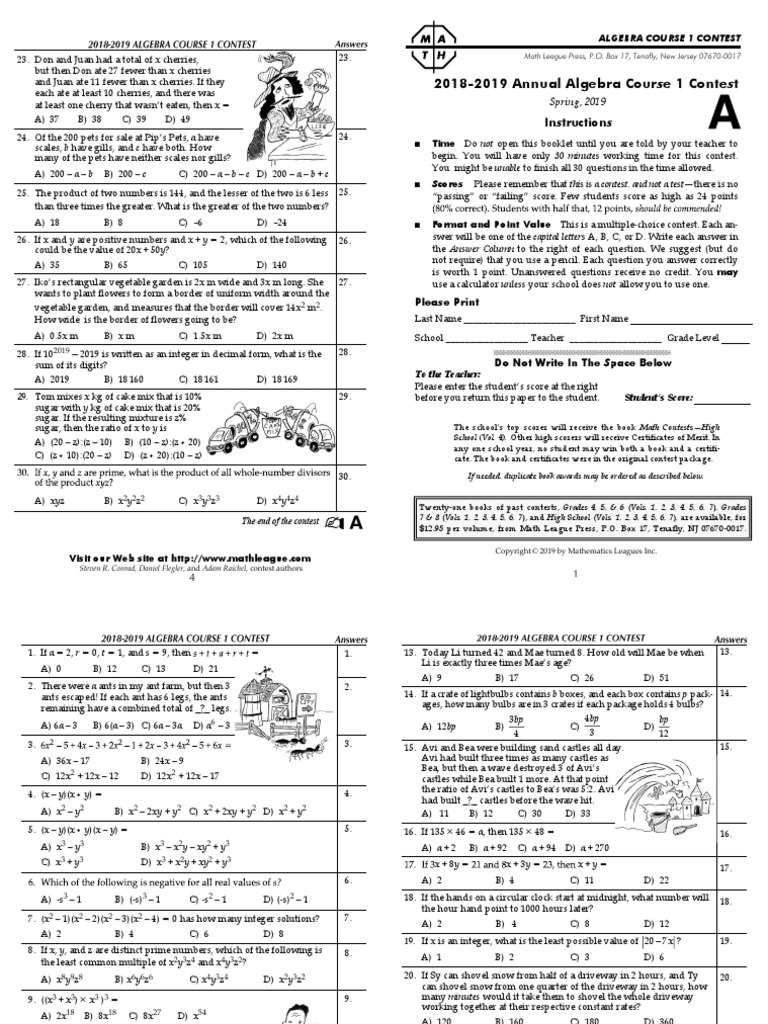 2018-2019 Annual Algebra Course 1 Contest: Instructions | Download Free ...
