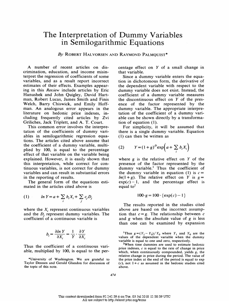 The Interpretation of Dummy Variables in Semilogarithmic Equations