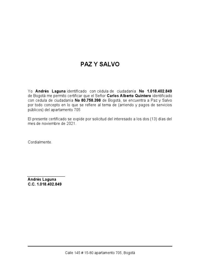 Certificado de paz y salvo para Carlos Alberto Quintero por concepto de ...