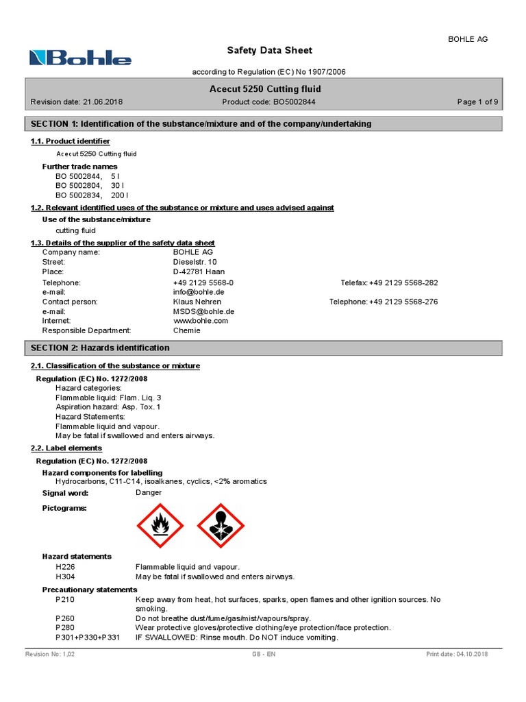 BO5002844 GBen Acecut 5250 Cutting Fluid PDF Dangerous Goods