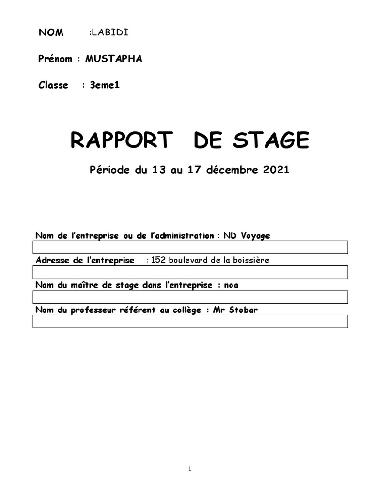 Exemple De Rapport De Stage Dobservation 3eme 2020 Rapport de Stage 3eme | PDF