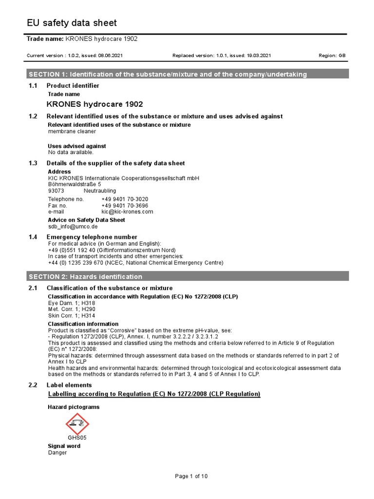 EU Safety Data Sheet: KRONES Hydrocare 1902 | PDF | Dangerous Goods ...