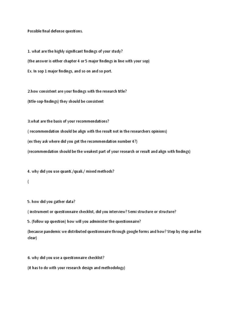 Possible Final Defense Questions Pdf Questionnaire Science