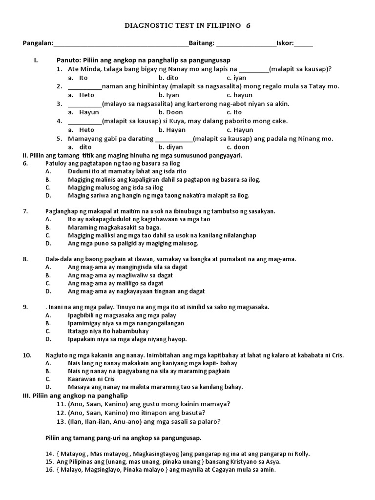 Diagnostic Test Filipino 6 PDF