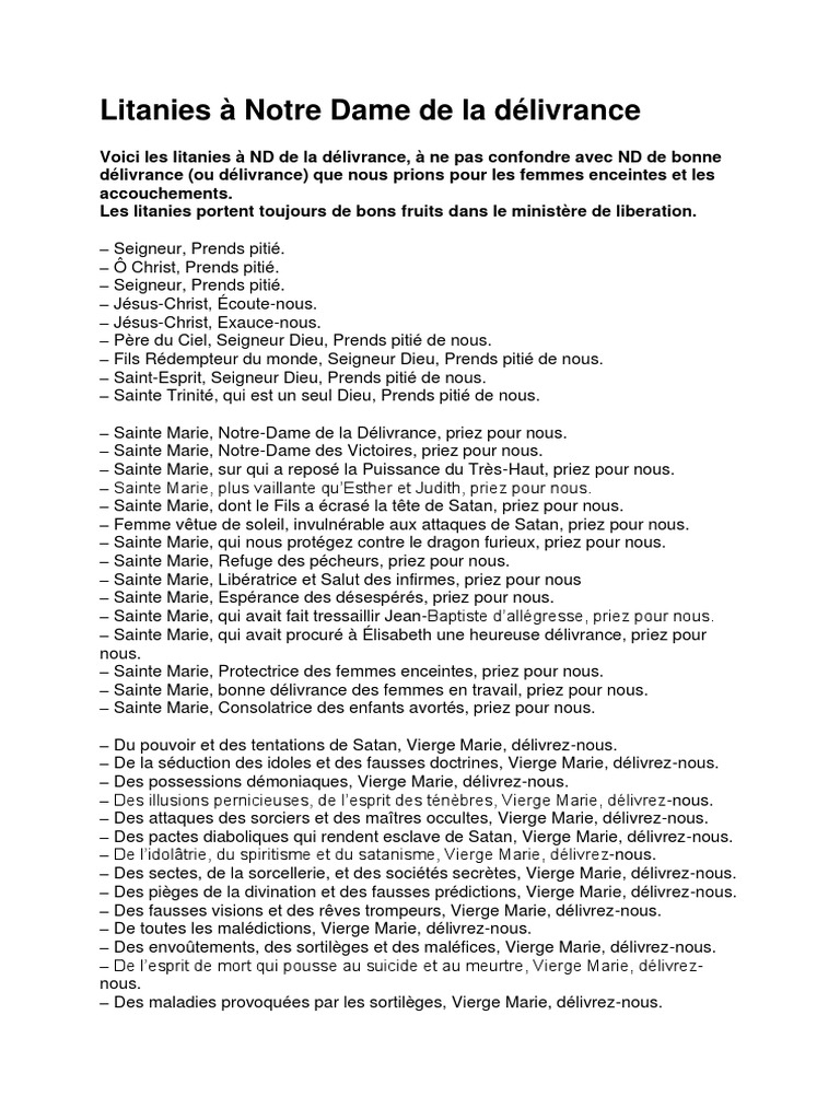 Litanie De Notre Dame De La Délivrance Litanies Notre Dame de La Délivrance | PDF | Sorcellerie | Marie, mère de  Jésus