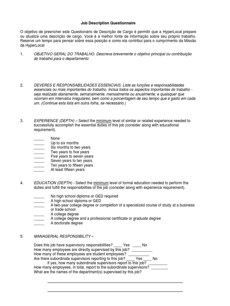 Job Description Questionnaire PDF Decision Making