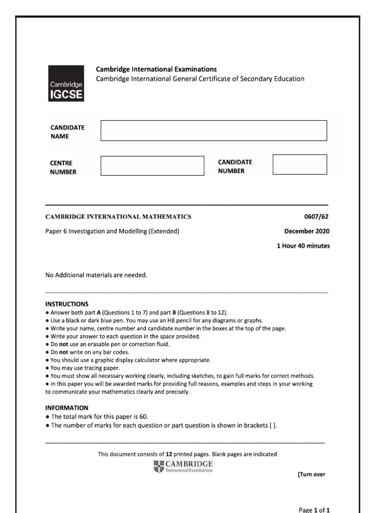 IGCSE - Prelim 1 - International Math - Paper 6 | PDF