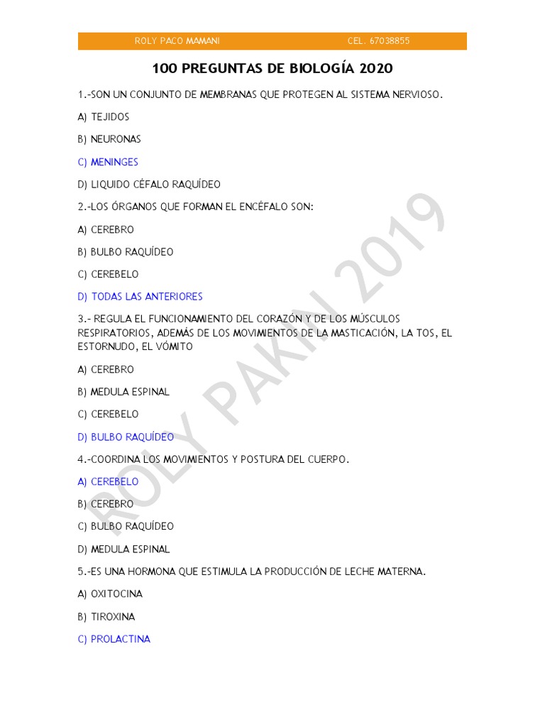100 Preguntas de Biología 2020 | PDF | Biomoléculas | Metabolismo