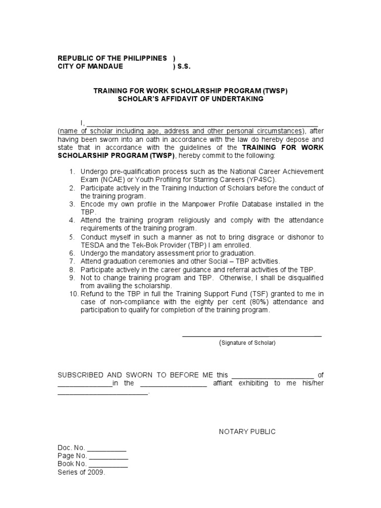 TWSP Affidavit of Undertaking