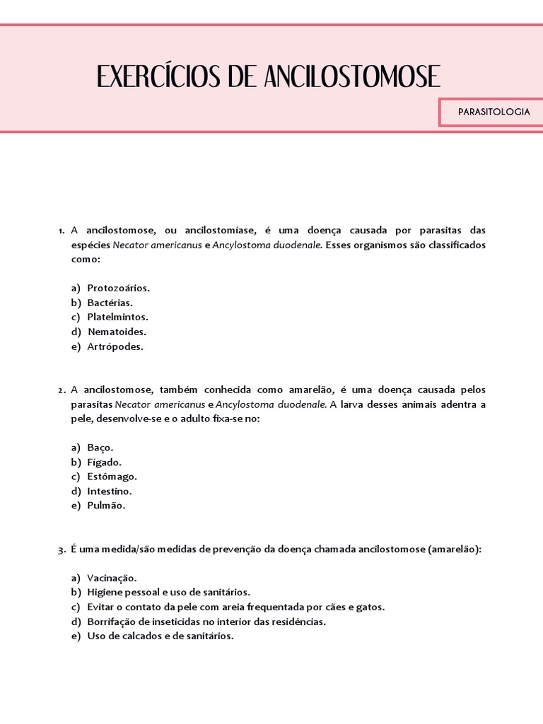 Exercícios sobre Ancilostomose: Parasitas, Sintomas, Diagnóstico e ...