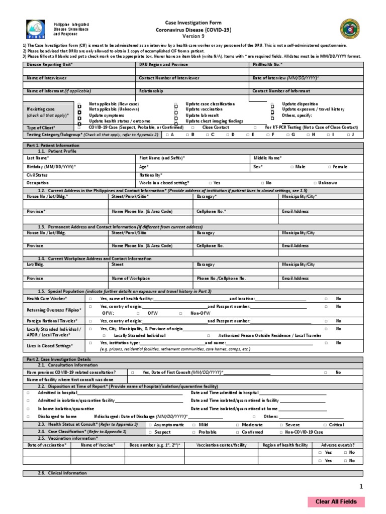 Case Investigation Form Coronavirus Disease (COVID-19) : (Check 