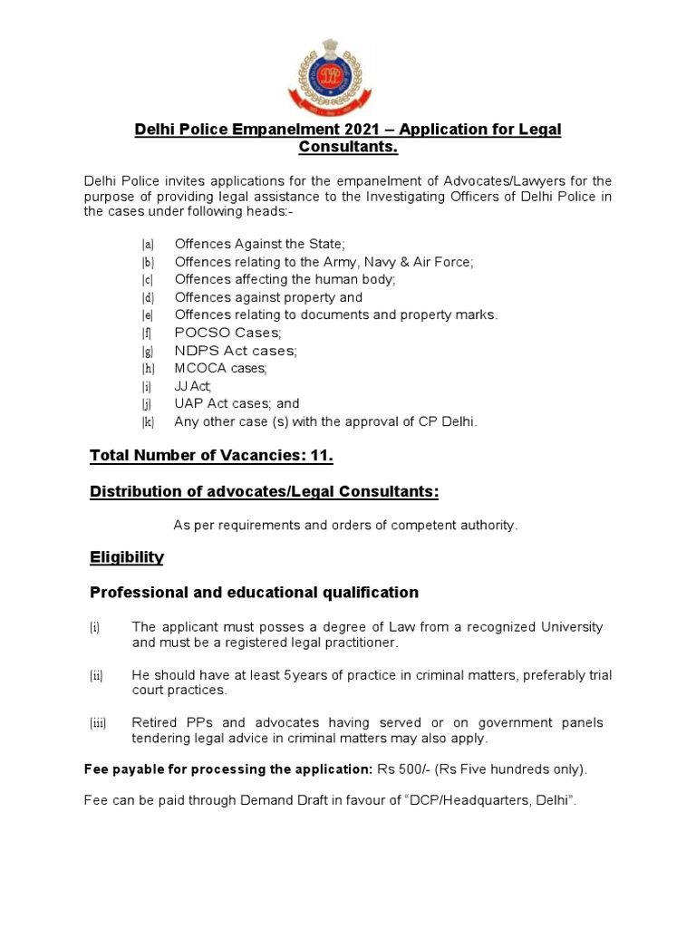 Delhi Police Advocate Empanelment 2021 | PDF | Advocate | Bail