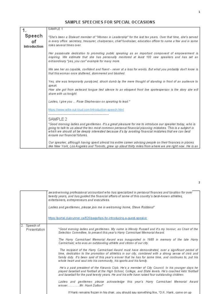 Sample Speeches For Special Occasions PDF Diana