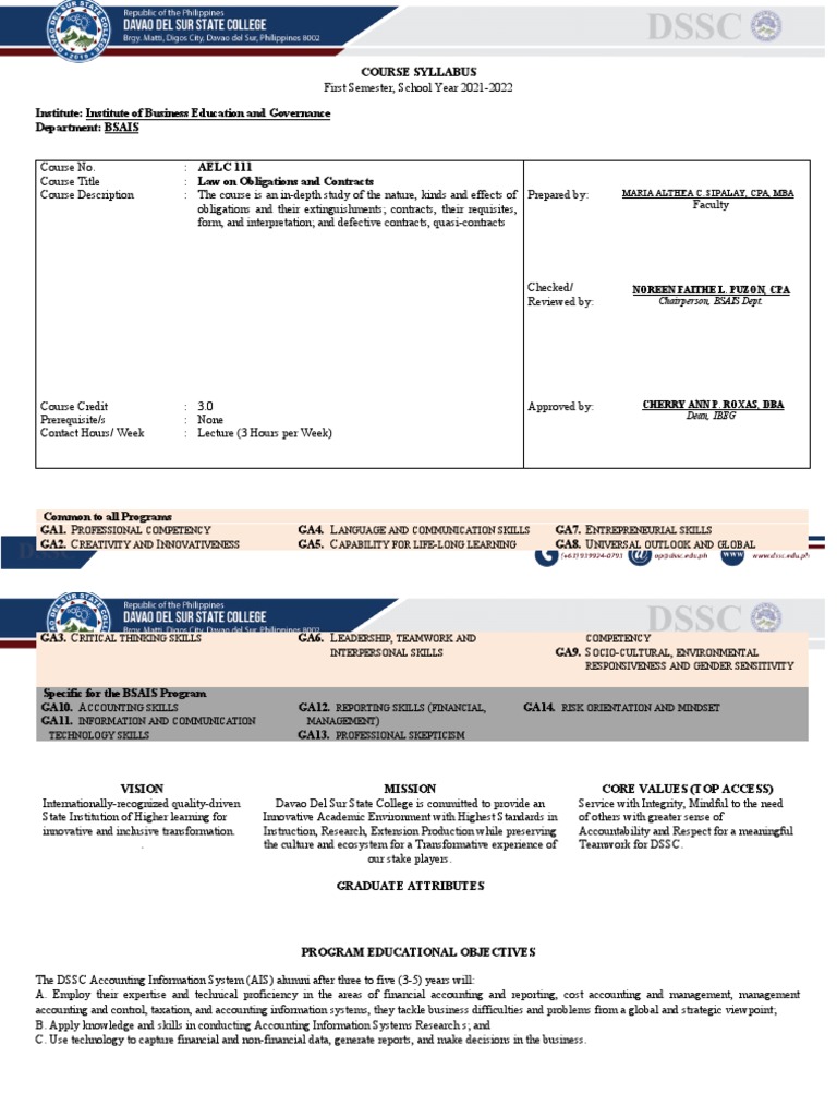 BSAIS Course Syllabus: Law on Contracts | PDF | Test (Assessment ...