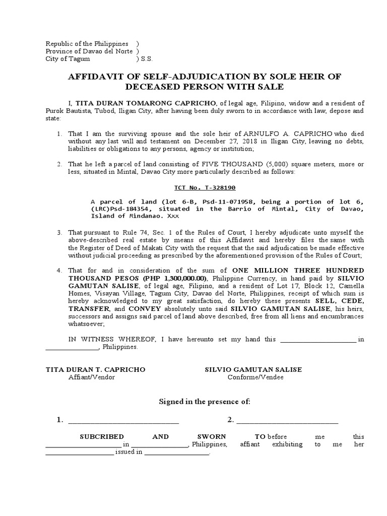 Affidavit of Self Adjudication of Sole Heir With Absolute Sale KUYA