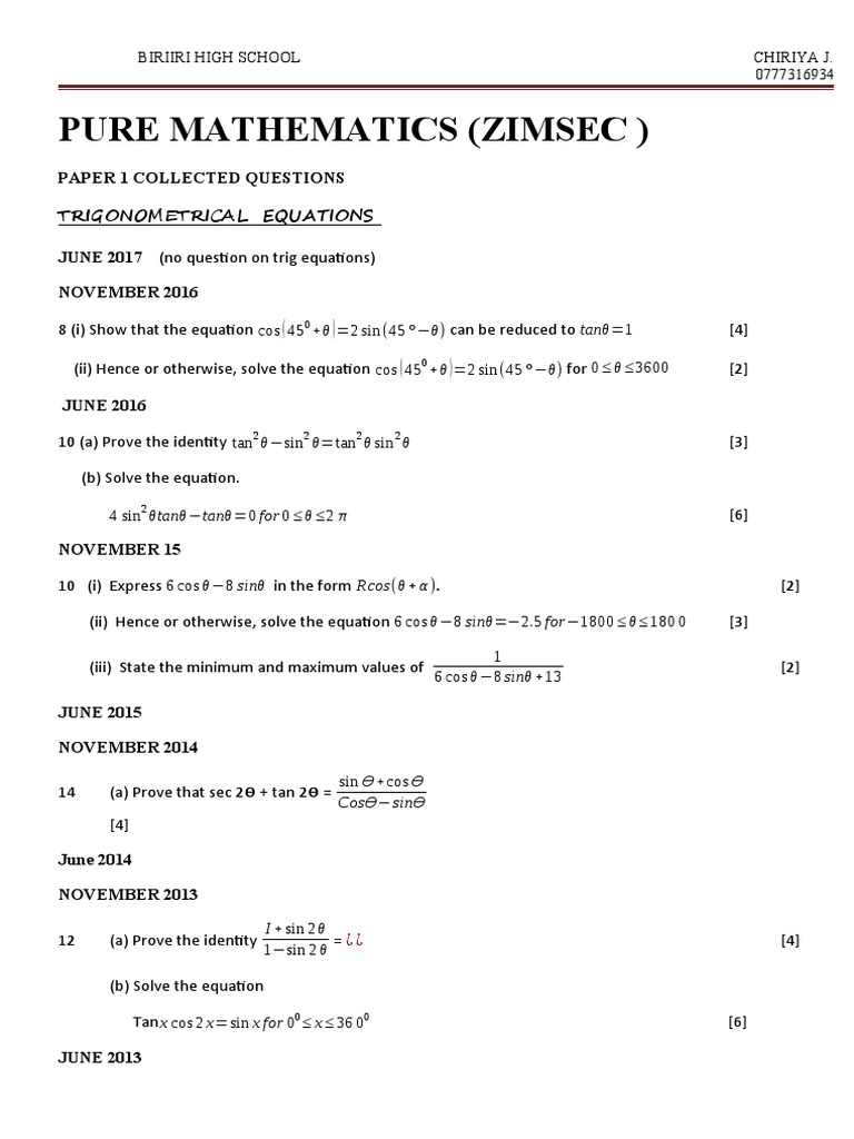 Pure Mathematics (Zimsec) | PDF | Sine | Trigonometric Functions