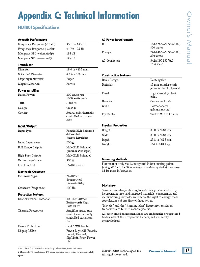 Appendix C: Technical Information: HD1801 Specifications | PDF ...