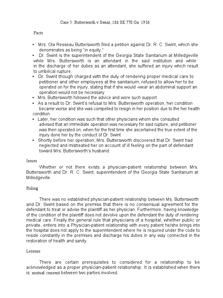 Case Butterworth V Swint, 186 SE 770 Ga. 1936 PDF Consent Physician