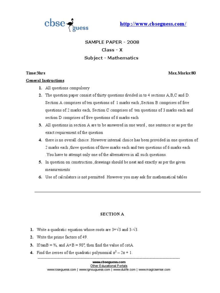 Class X Mathematics Sample Paper 2008 | PDF | Triangle | Circle