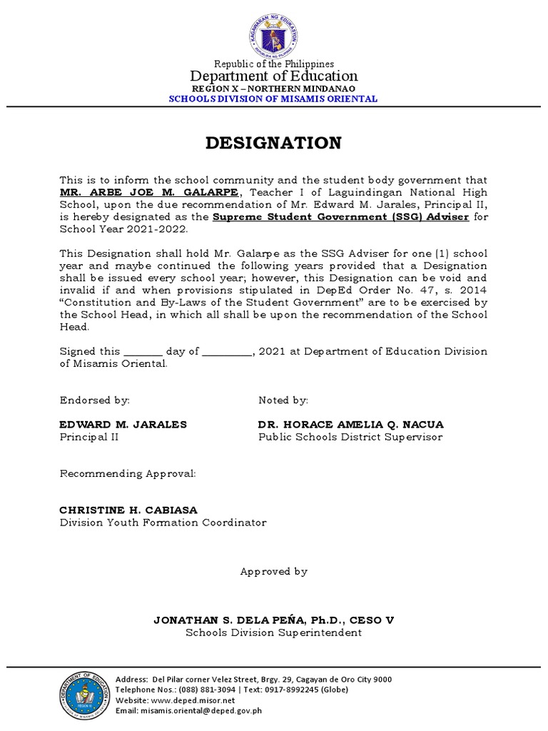 Designation of SSG Adviser 2021-2022 | PDF | Legal Documents | Social ...